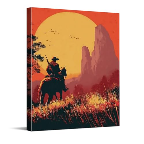 WOXZQ Cinematic Western Cowboy Silhouette at Sunset Inspired by Red Dead Redemption 2 Game Art Wall Poster for Gaming Room Wrapped Canvas Print 12x15 Inch - color: Lone Rider’s Path