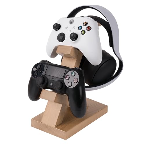 GEEKRIA Solid Wood Dual Gamepad and Headphone Stand, Controller Storage Holder for PS4, PS5, Xbox, Switch, 8BitDo, Universal Desk Game Accessories (Light Brown) - color: Light Brown