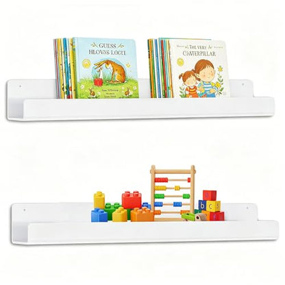2 Pack Magnetic Bookshelf for Whiteboard, 17 Inch Heavy Duty Metal Shelf Holds 12.5 lbs, White Magnetic Book Display Shelf for Classroom, Office, Kitchen