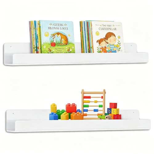 2 Pack Magnetic Bookshelf for Whiteboard, 17 Inch Heavy Duty Metal Shelf Holds 12.5 lbs, White Magnetic Book Display Shelf for Classroom, Office, Kitchen