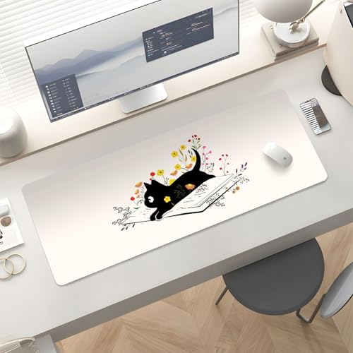 Mousepad Desk Mat Gaming Large Keyboard Cute Office Desktop Computer Laptop XXL Long Big Kawaii Aesthetic Girly Pretty Design Women Girl Gamer Oversized Wide 30x12'' Mousepad, Cat Book - color: Black Cat
