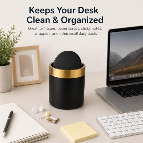 Mini Trash Can with Lid, Small Metal Desktop Trash Bin with Swing Lid, 1.5L / 0.4 Gal Countertop Waste Bin for Desk, Vanity, Bathroom, Coffee Bar and Office, Black - color: Black
