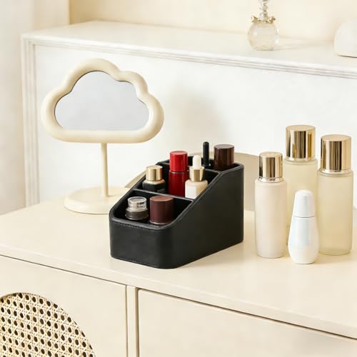 PU Leather Remote Control Holder, Small TV Remote Holder with 3 Compartments, Bedside Table Desktop Organizer for DVD, Media Player, Heater Controllers, Cosmetics, Office Supplies(COLOR:Black)