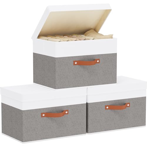 Storage Bins, Storage Baskets with Lids, 17.7 x 11.8 x 11.8 Inch Closet Organizer Boxes with Double Handles, White and Grey, 3-Pack - color: White/Grey, size: 17.7x11.8x11.8in(3-Pack)