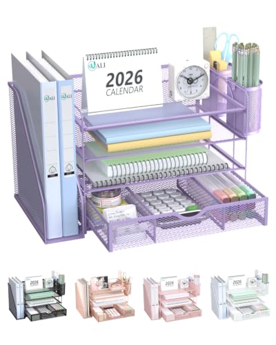 WALI Desk File Organizer, 4 Tier Desktop Paper Letter Tray Organizer with Drawer and 2 Pen Holders, Office Desk Accessories & Workspace Organizers for Office, Home Supplies(DO005DH-V), 1 Pack, Purple - color: Purple, size: 4-Tier