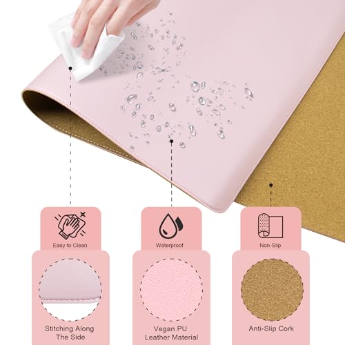 Dual-Sided Desk Pad, Natural Cork & PU Leather Mouse Pad for Desk, Desk Pad Protector, Non-Slip Desk Mat for Office and Home Work, (Pink, 23.6" x 13.7") - color: Pink, size: 2.2" x 2.2"