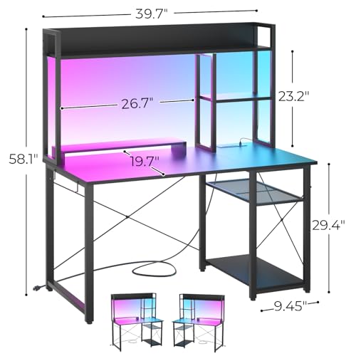 Cyclysio Gaming Desk with Hutch, 39'' Computer Desk with LED Lights & Power Outlets, Home Office Desk with Reversible 5 Tiers Storage Shelves & Monitor Stand, Small Gaming Table for Small Space, Black - color: Black, size: 39 inch
