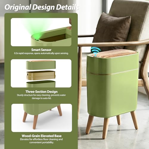 suyika Automatic Trash Can, 2.6 Gallon/10L Bathroom Trash Can with Lid - Wood Grain Lid and Legs, Touchless Waterproof Garbage Bin for Bedroom, Bathroom, Office, Living Room - color: Green