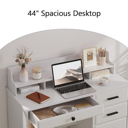 MaverickFurni White Desk with Drawers, Small Computer Desk with Drawers for Writing Study, Office Desk with File Drawer and Monitor Stand for Bedroom, Small Spaces - color: White