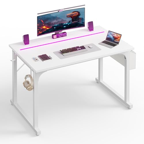 DurayLoly 40" Computer Desk with Waterproof LED Lights,Bedroom Study Desk for Teens,Dorm Room Essentials,Headphone Hook&Storage Bag for Small Spaces,Sturdy Metal Frame,White - color: White, size: 40 Inch