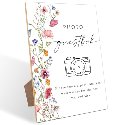 Photo Guest Book Sign, Flowers Bridal Shower Decorations, Guest Book for Party, Wedding Reception Table Decorations, Boho Wooden Sign with Stand for Wedding Reception And Bridal Party Decor, 10 - color: Photo Guest10