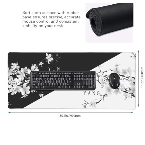 Large Gaming Mouse Pad Japanese Black White Cherry Blossom Mouse Pad with Stitched Edges & Nonslip Rubber Base Extended XXL Long Mousepad Big Desk Mat for Company Office Work, 35.4 x 15.7 in - color: Japanese Black White Cherry Blossom, size: 35.4" x 15.7
