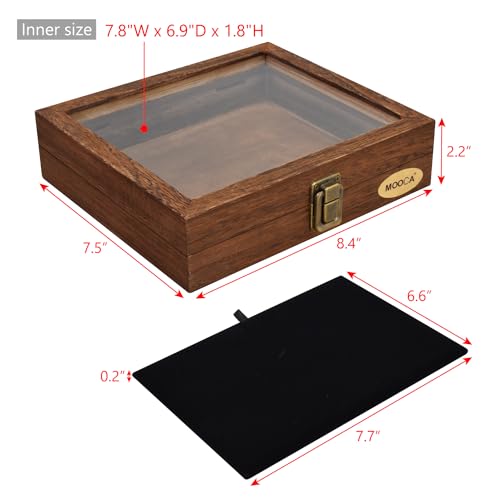 MOOCA Tempered-Glass Top Small Wooden Jewelry Display Case with Removable Black Luxurious Velvet Jewelry Display Pad, Deeper 2.2" Design for Collectibles, Brown Color. - color: Brown With Velvet Pad