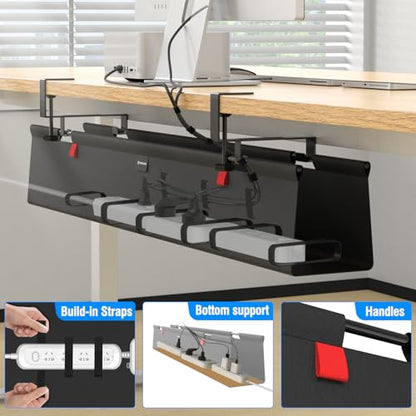 No Drill Under Desk Cable Management Tray, 48" Cord Management Tray with Cable Loop, Upgraded Oxford Fabric Wire Management for Standing Desk - No Damage to Table - size: 48 inch