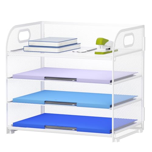Marbrasse 4 Tier Paper Organizer Letter Tray, Mesh Desk File Organizer with Handle, Paper Sorter Organizer for Letter /A4 Office File Folder Holder（White, 12.6" x 9.1" x 10.7"） - color: White