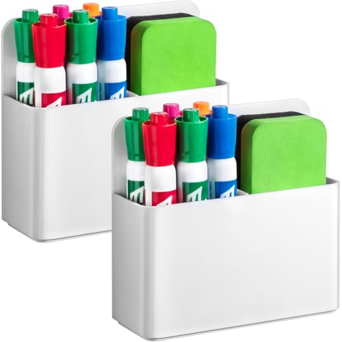 2 Pcs Magnetic Dry Erase Marker Holder for Whiteboard, Plastic Magnetic Pen Holder for Refrigerator Fridge, Magnet Pencil Cup for School Classroom, Locker Accessories, Pen Cup Organizer-White - color: White