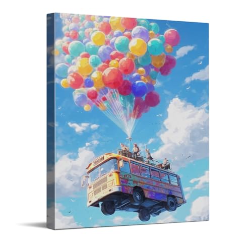 WOXZQ Flying Bus Lifted by Colorful Balloons Wall Art – 12x15 Inch Vibrant Wrapped Canvas Print – Gaming Room Kids Bedroom Decor – Battle Royale Game Fan Gift - color: Fantasy road trip 2