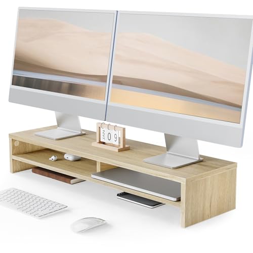 Fenge Monitor Stand, 31.5 Inch Computer Monitor Riser for Desk, 2 Tiers Wood Desk Shelf with Storage, Desktop Organizer for PC, Laptop, Screen, Printer - color: Oak
