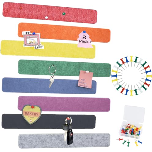 Vuzvuv 8 pcs Bulletin Board Bar Strips with 50 Pushpins & 10 Wooden Clip pins，Self Adhesive Cork Board for Wall，Felt Pin Board for School，Office Decor(Colour) - color: Colour