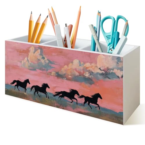 Pink Western Sunset Horse Pen Holder for Desk, Country Southwestern Equestrian Wooden Box Sign Desk Storage Organizer for Home Table Shelf Decoration, Gifts for Horse Lovers - color: Pink Sunset