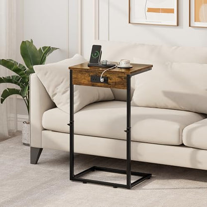 Vagusicc C Shaped End Table with Charging Station, Adjustable Height Side Table for Couch, Small Side Table, 33.2'' Tall Couch Tables that Slide Under, Tv Tray End Table for Living Room, Rustic Brown - color: Rustic Brown (1 Pack), style: With Plug