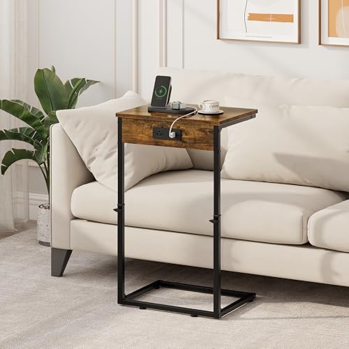 Vagusicc C Shaped End Table with Charging Station, Adjustable Height Side Table for Couch, Small Side Table, 33.2'' Tall Couch Tables that Slide Under, Tv Tray End Table for Living Room, Rustic Brown - color: Rustic Brown (1 Pack), style: With Plug