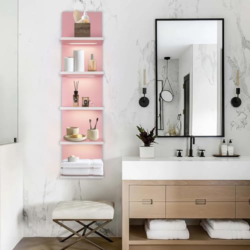 5 Tier Pink Wall Shelf Unit, Pink Shelves, Wall Shelves for Bathroom,Bedroom, Vanity Shelves, Wall Mount Vertical Lack Shelf with led - color: Pink