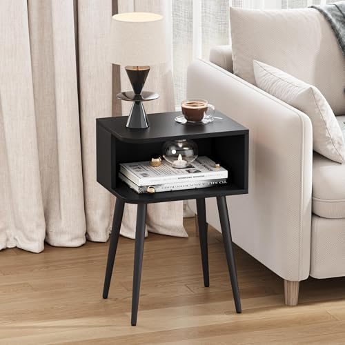 Black Nightstand Set of 2, Small Bed Side Table for Small Spaces, Mid Century Modern Nightstand End Table with Open Storage, Side Table for Bedroom Living Room, MLBZ20B-2 - color: Black