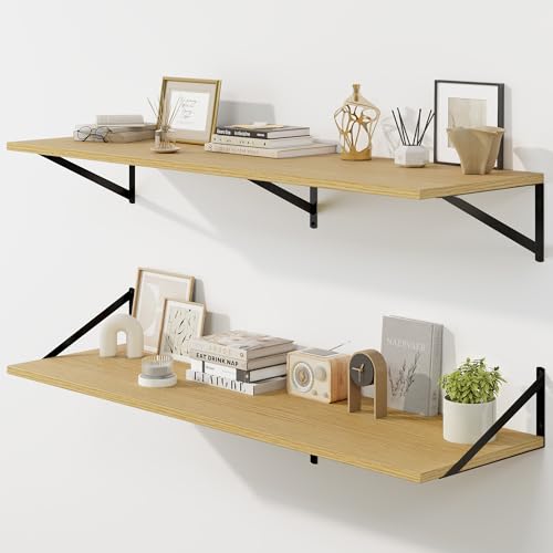 Fun Memories Floating Shelves for Wall, 12 Inch Deep Floating Shelves Set of 2, 48W x 12D Large Wall Shelf with Sturdy Metal Brackets for Living Room, Bathroom, Bedroom and Kitchen, Oak - color: A-oak, size: 48"w x 12"d
