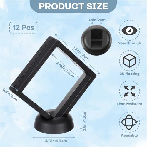 12Pcs 3D Floating Display Case Jewelry Storage Box, 3.5in Black | Clear Film, Plastic Frame, Challenge Coin Holder, For Shark Tooth Fossil Rock Gem Shell Butterfly Specimen - size: 3.5×3.5×0.8 inches