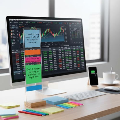Monitor Memo Board with Removable Wooden Base Acrylic Portable Sticky Note Holder for Computer Monitors Office Desk Accessories, No Screen Damage, Fits Any Laptop and Desktop (2 Pcs)