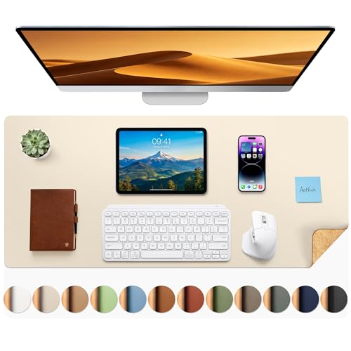 Aothia Dual-Sided Desk Mat - Leather & Cork Desk Protector, Large Mouse Pad & Writing Pad for Office/Home, Waterproof, Beige (35.4" x 15.7") - color: Beige+cork, size: 35.4" x 15.7"