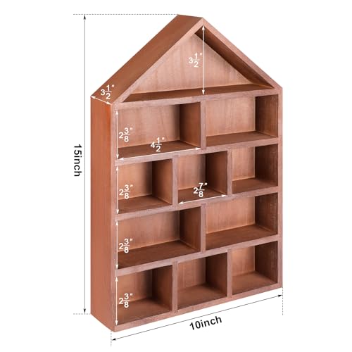 Threehoney House Shaped Wooden Shadow Cubby Box 10 W x 2 1/4 D x 15 H Hanging Display Shelf Organizer Wall Mounted Curio Cabinet Wooden Display Case Miniature Shelf for Figures (Brown) - color: Brown