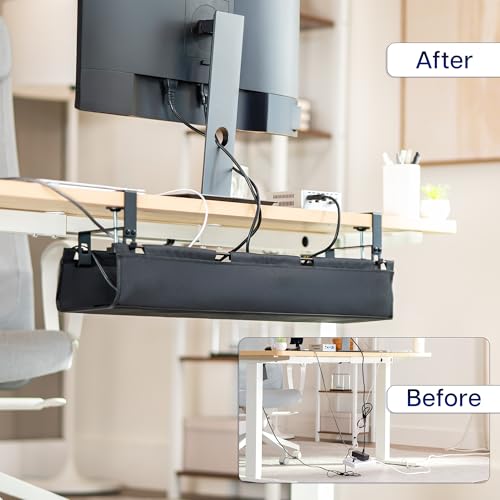 VIVO Clamp-on Under Desk 31 inch Fabric Cable Management Tray, Wire Concealer, Power Strip Storage, Workspace Organization, Easy Fold Down Access, Black, DESK-AC31F-C - size: 31"