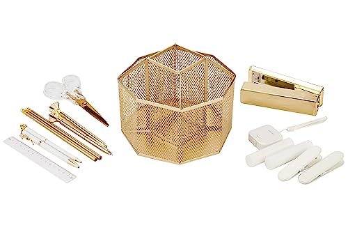 Annova Mesh Desk Organizer Rotate with 5 Compartments Spinning Tidy Candy/Pen Holder Office, Art Supply, Storage, Classroom, Home (Gold) - color: Gold