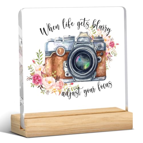 Photographer Gifts, Inspirational Gifts for Photographers Women, Photography Lovers Gift for Women Men, Flower Camera Acrylic Sign Photography Office Bedroom Desk Shelf Table Decor 4x4 Inch - color: When Life Gets Blurry Adjust Your Focus