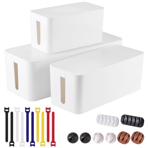 3 Pack Cable Management Box with 18 PCS Cable Management Set - Large & Medium & Small Cable Organizer Box to Hide Wires & Power Strips | TV Cord Organizer Box | for Home & Office, White - color: White