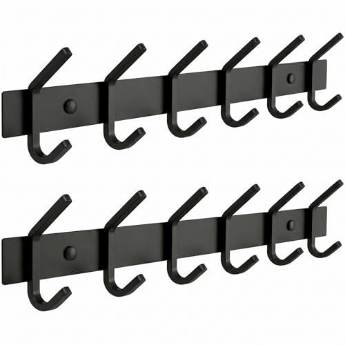 Coat Rack Wall Mount – 17 Inch Stainless Steel Hook Rail with 6 Double Coat Hooks for Hanging – Wall Mounted Entryway Organizer for Coats, Hats, Bags, Towels, Robes, Closet or Bathroom - Black 2 Pack - color: Black, size: 6 Hooks - 2 Pack
