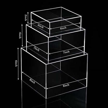 Set of 3 Acrylic Display Risers - Acrylic Boxes & Cubes - 5 Sided with Hollow Bottoms - Display Stand for Collectibles (Clear) - color: Clear