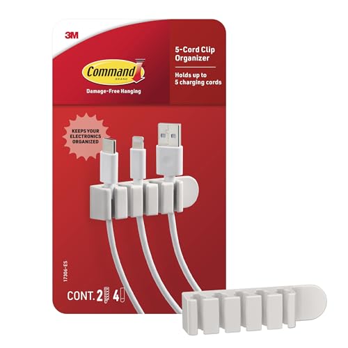 Command 5-Cord Clip Organizer, 4 Clips and 8 Medium Strips, White, 1 Clip Holds up to 5 Charding Cords, Great for Damage-Free Electronics Organization Under Desk or Wall Mount - color: White