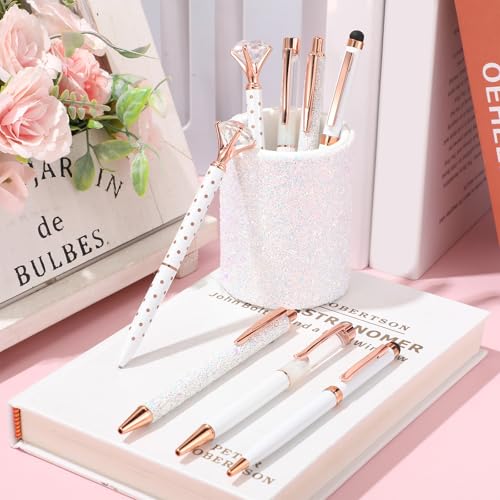 Sabary 8 Pcs White Pens with Pen Holder for Desk Glitter Crystal Diamond Cute Ballpoint Fancy Pencil Holder Bling Desk Organizer for Women Girls School Office Supplies Wedding Graduation Gifts - color: White