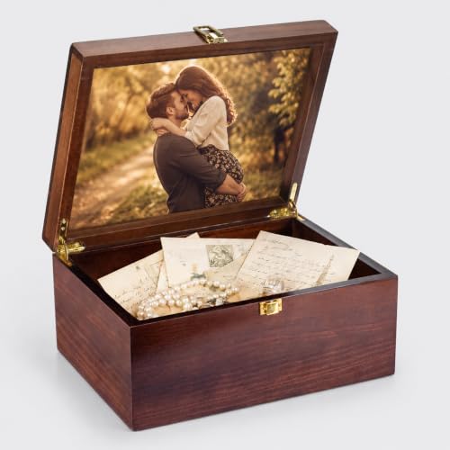 Larger Wooden Memory Keepsake Box with Hinged Lid & 8x10 Photo Frame Inside Lid – Decorative Storage Box With a Hinge Lids for Pictures, Letters & Time Capsule – Wooden Gift Box, 5.3” x 8.6” x 11.7” - color: Brown-P