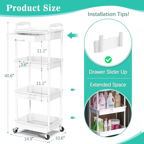 SUNALLY 4 Tier Rolling Utility Cart with Drawer, Storage Organizer Cart with 2 Lockable Wheels, Multifunctional Rolling Storage Cart for Bathroom, Kitchen, Craft, Makeup, Baby Essentials, White - color: White, size: 4 Tier