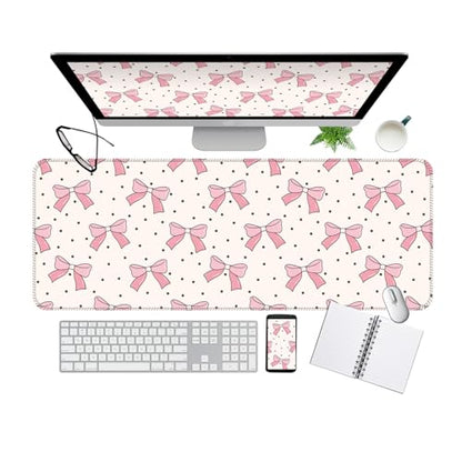 Large Gaming Mouse Pad, Full Keyboard Mat, Long Laptop Mousepad, Computer Mouse Mat for Home and Office, Anti-Slip Rubber Base, 31.5 x 11.5 Inches (Pink Bows with Polkadot) - color: Pink Bows With Polkadot
