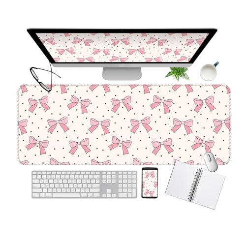 Large Gaming Mouse Pad, Full Keyboard Mat, Long Laptop Mousepad, Computer Mouse Mat for Home and Office, Anti-Slip Rubber Base, 31.5 x 11.5 Inches (Pink Bows with Polkadot) - color: Pink Bows With Polkadot