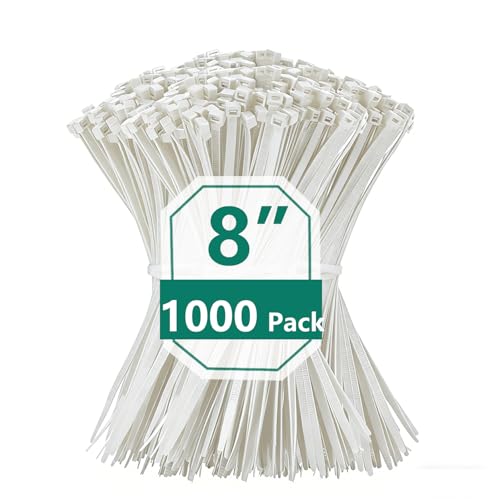 1000PCS 8 inch White Zip Ties 75LBS Tensile Strength Self-Locking heavy duty UV Resistant Cable Tie Wraps for indoor and outdoor use - color: White, size: 8inch-1000PCS