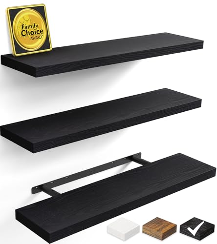 BAYKA Floating Shelves for Wall, Set of 3, 35.4 Inches Long Black Wall Mounted Rustic Wood Shelves for Bathroom, Bedroom, Living Room or Kitchen, for Book/Storage/Decor with 30lbs Capacity - color: A. Black - Universal Classic Style, size: 35.4inches