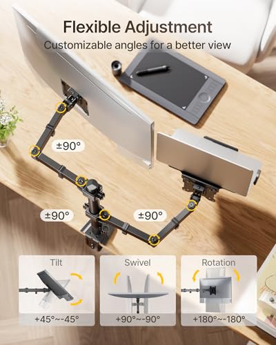 monTEK 2-in-1 Monitor Mount and Laptop Stand for Desk, Ergonomic Height Adjustable Monitor Arm Fits up to 32-Inch Screen and 17-Inch Notebook, Holds up to 22 lbs, C-Clamp and Grommet