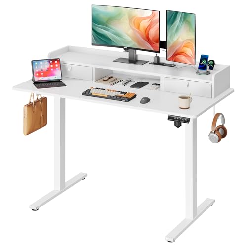 DEVAISE 48 Inch Electric Standing Desk with Shelf, Adjustable Computer Desk for Home Office, with LED Touchscreen，Headphone Hook, 3 Memory Preset, with One-Piece Desktop, White - color: White, size: 48 Inch / One-Piece Top/ with Shelf
