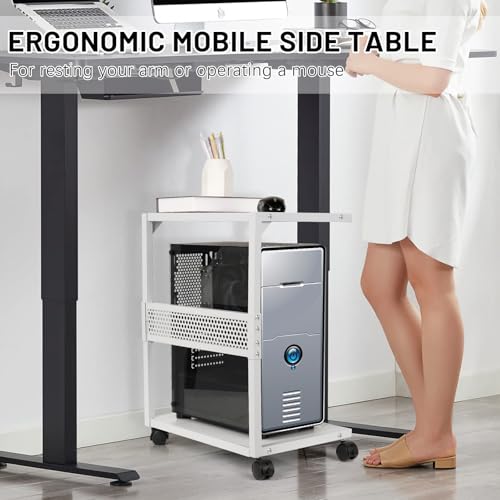Bfttlity PC Stand Computer Tower Stand 2-Tier Metal CPU Holder with Locking Caster Wheels Suitable for Most PC (S, White) - size: Small-White